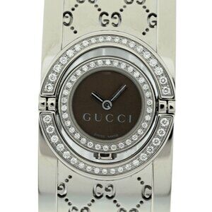 Gucci Twirl 23mm Ladies Brown Dial Double Diamond Bezel Watch! Ref: YA112504!